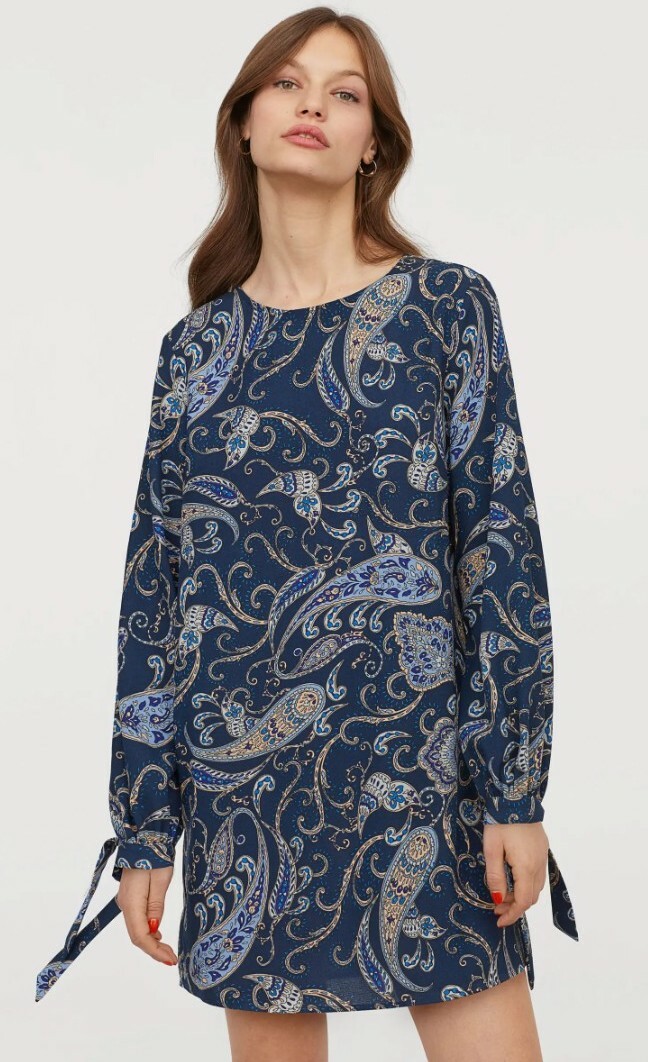h&m blue paisley dress H&M Shift Dress Womens Size 6 Blue Paisley Long Sleeve Boho