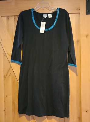 New! Together Size Large Black Teal  Faux Snakeskin Trim Knee Length Dress Zip