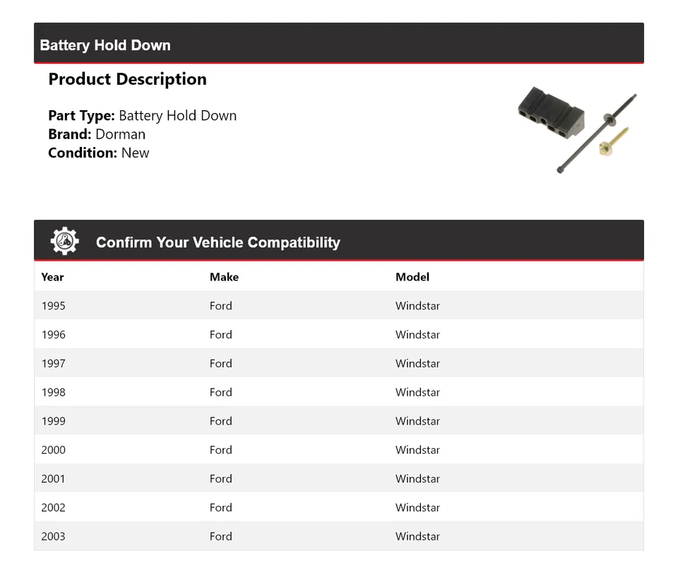 For 1995-2003 Ford Windstar Dorman Battery Hold Down 1996 1997 1998 1999 2000 - Image 2 of 4