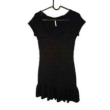 Free People Cozy Day Knit Black Flounce Cap Slve. Ruffle Hem BoHo Mini Dress  S