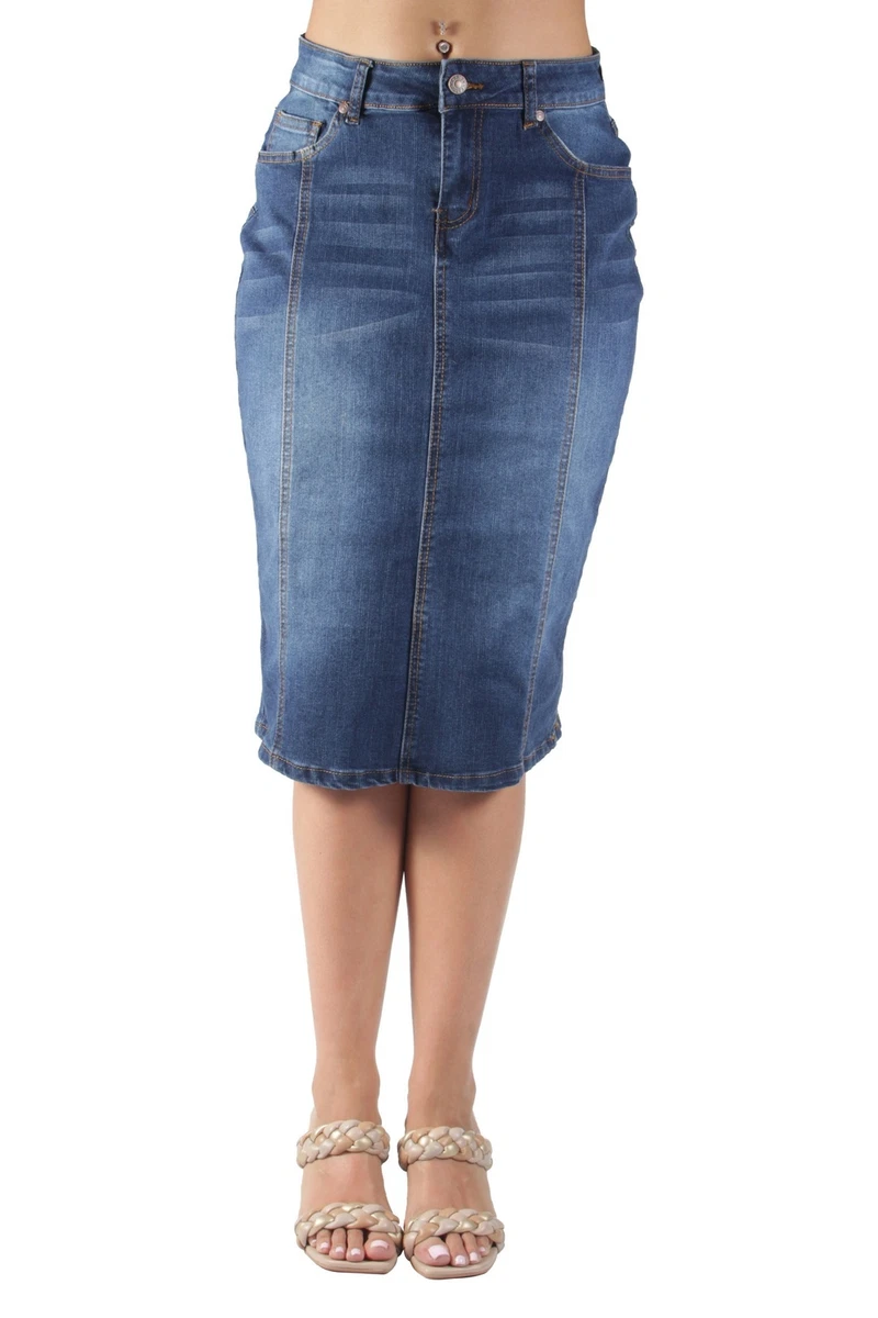 Blue jean skirts below the knee cheap