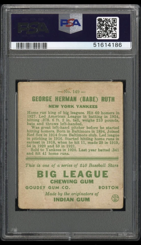 1933 Goudey HOF Babe Ruth Baseball ⚾️ Card # 149 PSA 2 GD  "LOOKS NICER" - Image 2 of 2
