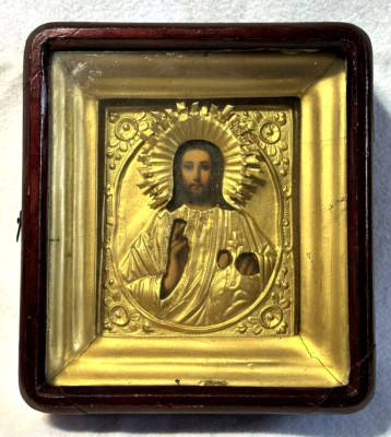 Fabulous Religious Icon / Shrine in Wall Mounted Wood Case Hand Painted on Wood