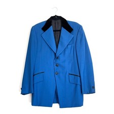 Vintage 60s 70s Prince Edward Blue Herringbone Black Velvet Tuxedo Jacket 38R