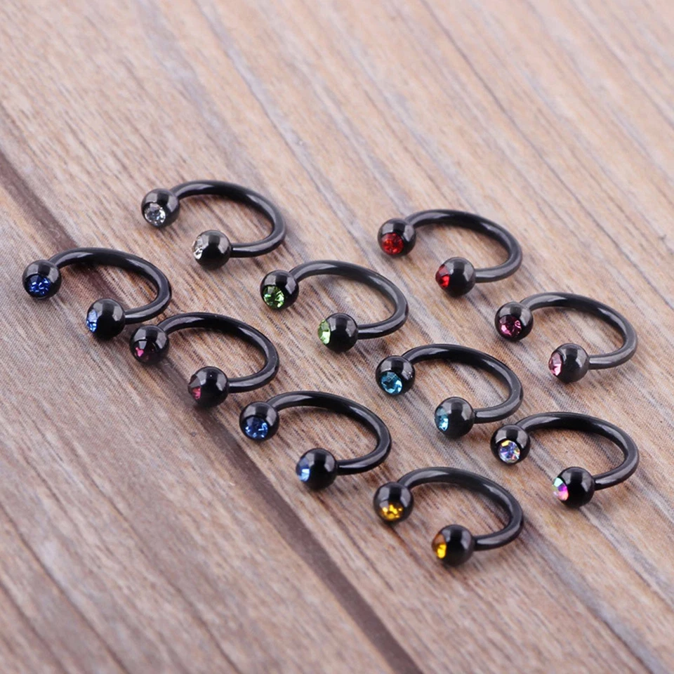 10PCS Surgical Steel Nose Ring Hoop 16G CZ Horseshoe Tragus Helix Earrings Rings - Image 3 of 4