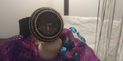 Geneva L Quartz Watch Black PVC with five rows of hand set Stones $49.99  