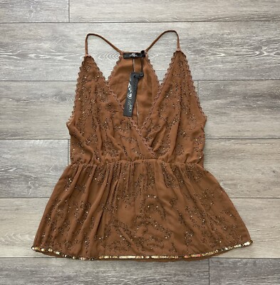NWT $59 Buckle BKE Boutique Brown Bead Embellished Deep V Plunge Tank Top LARGE