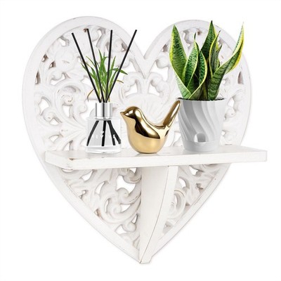 Multipurpose Floating Wall Shelf with Key Hooks Heart-Shaped 12'' Vintage White