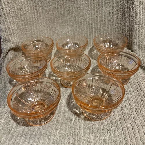 Vintage Set 8 Cabbage Rose Pink Depression Glass Sherbet Cups