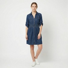 J. Glee Women Dress 3X Blue Denim Zip Front Smocked Waist Roll Tab Sleeve Casual