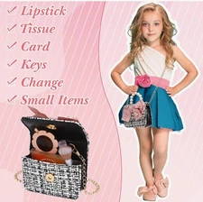 Girl Mini Purse Black And White Tweed With Pink Bow