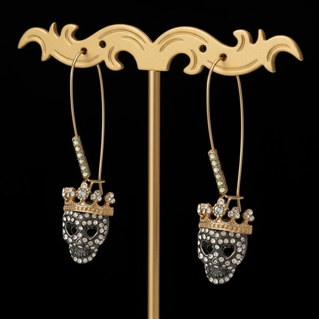 Goth Earrings Betsey Johnson Sugar Skull Rose Rhinestone  Rare Vintage Betsey Johnson Film Noir Rhinestone Studded Skull Earrings display picture 1