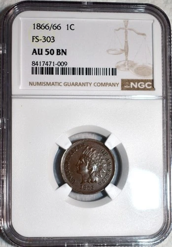 NGC AU-50 BN 1866/66 Snow-9/FS-303 Indian Head Cent, Razor-Sharp, Popular RPD!