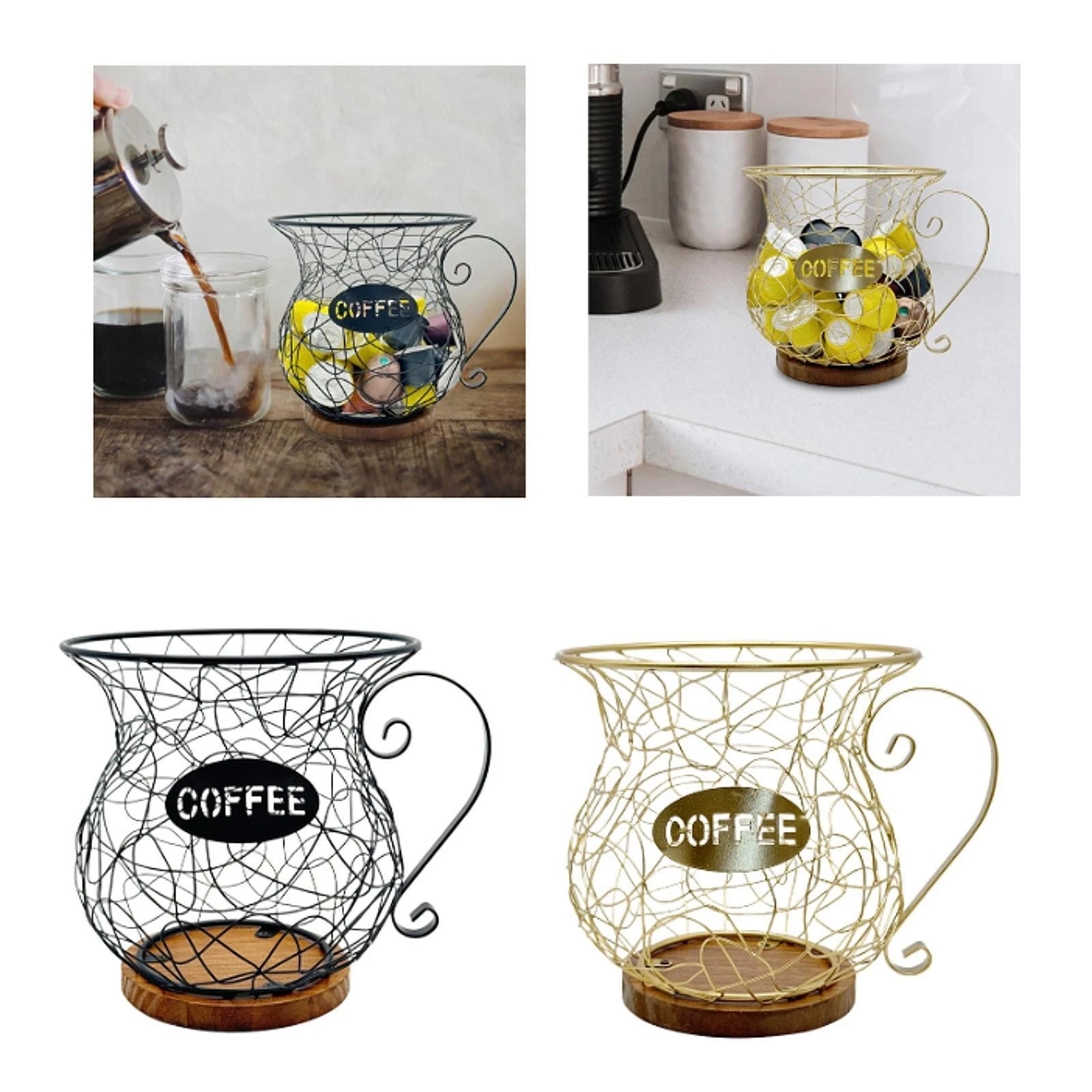 Coffee Pod Holder Organizer Cup Shaped with Wooden Base Metal Wire Modern Snack