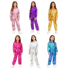 Girls Jazz Dance Shiny Jacket With Pants Hip-Hop Metallic Street Jogger Dancing