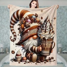 Whimsical Gnome & Chocolate Print Flannel Blanket - Xmas Cozy Fleece Blanket