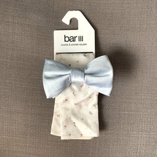 Bar III Men s Pre-Tied Blue Solid Satin Bow Tie White Floral Pocket Square NWI