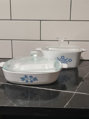Vintage Corning Ware Pyroflam Set 2 Kasserolle + Deckel - Kornblume & blaues Blatt