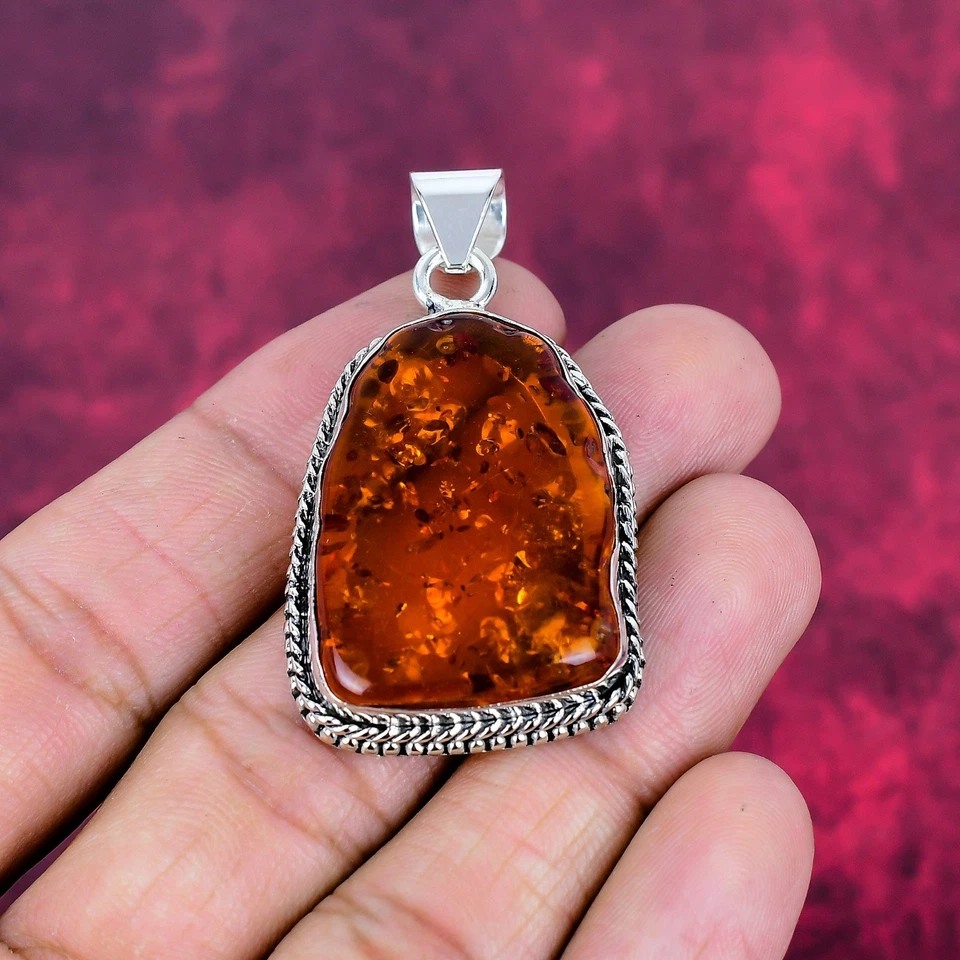 Colgante de joyería bohemia de plata de acero 925 hecho a mano con piedras preciosas de ámbar báltico Foto 2 de 4