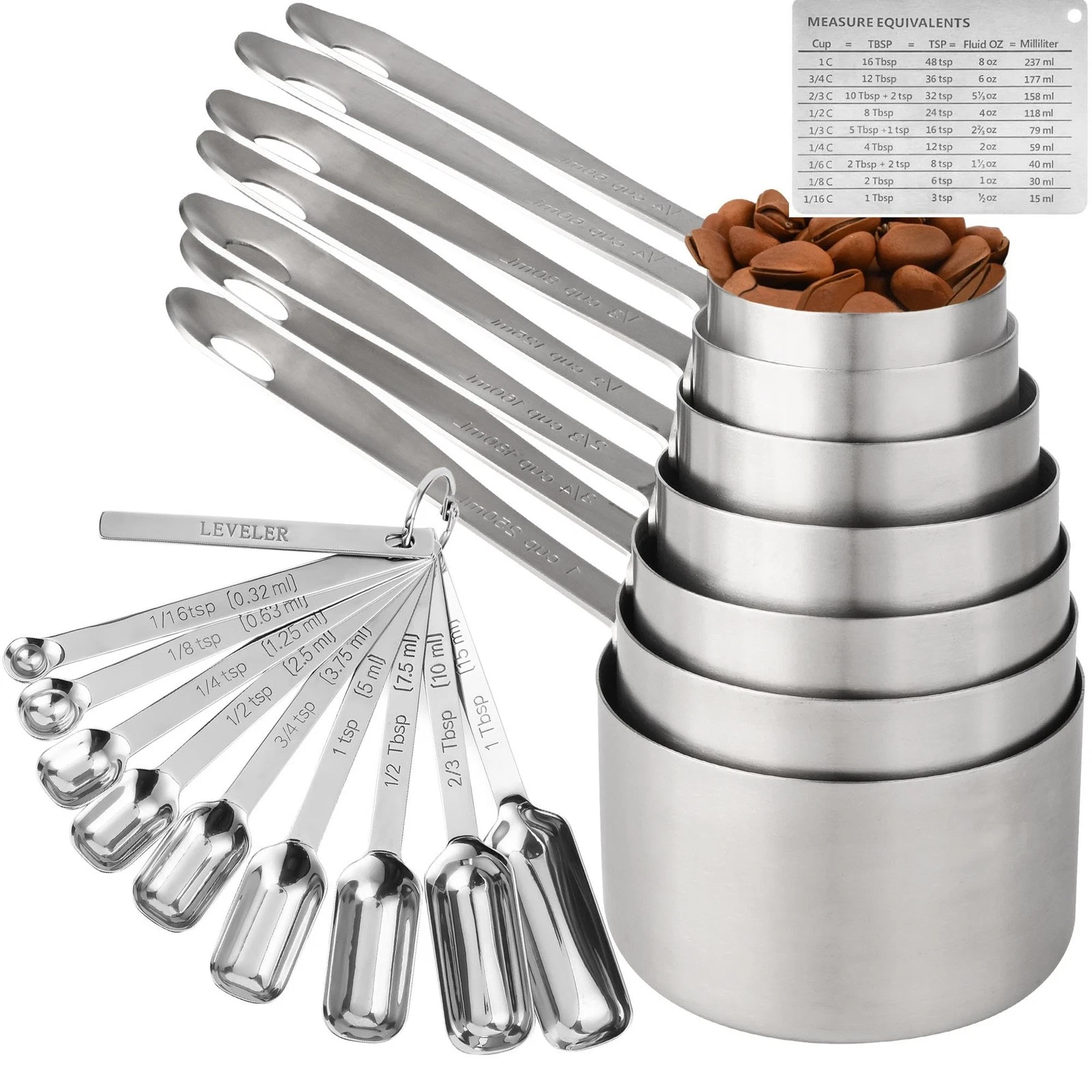 Measuring Cups and Spoons Set of 19, 7 Stainless Steel Stackable Measuring Cu...