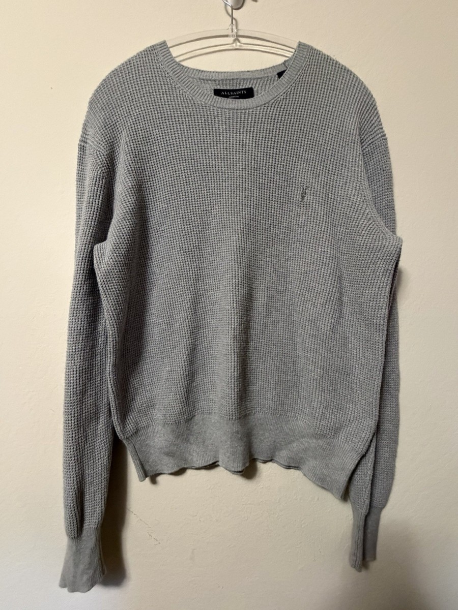 Allsaints 100% Cotton Mens Medium Gray Waffle Knit Sweater Rias 