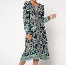 Susan Graver Size 5X Petite Navy/Jade Printed Liquid Knit Split Neck Midi Dress