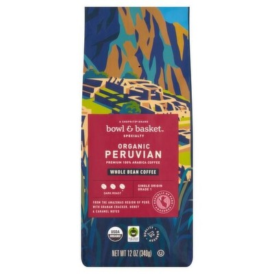 BOWL AND BASKET SPECIALTY DARK ROAST ORGANIC PERUVIAN WHOLE BEAN COFFEE 12OZ