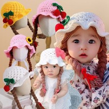 Baby Girls Braided Wig Woolen Yarn Knitted Cap Bucket Hat Sunflower Bowknot Cap