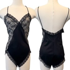 Vintage SEARS Silky Nylon Sheer Lace 70s Pinup Black Bodysuit Teddy Romper 36