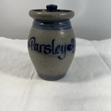 1992 Rowe Pottery Works Lidded PARSLEY Spice Jar Cobalt Salt Glaze EUC