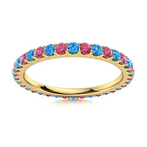 Full Eternity Round Pink Topaz & Swiss Blue Topaz 925 Silver Gold Plated Ring