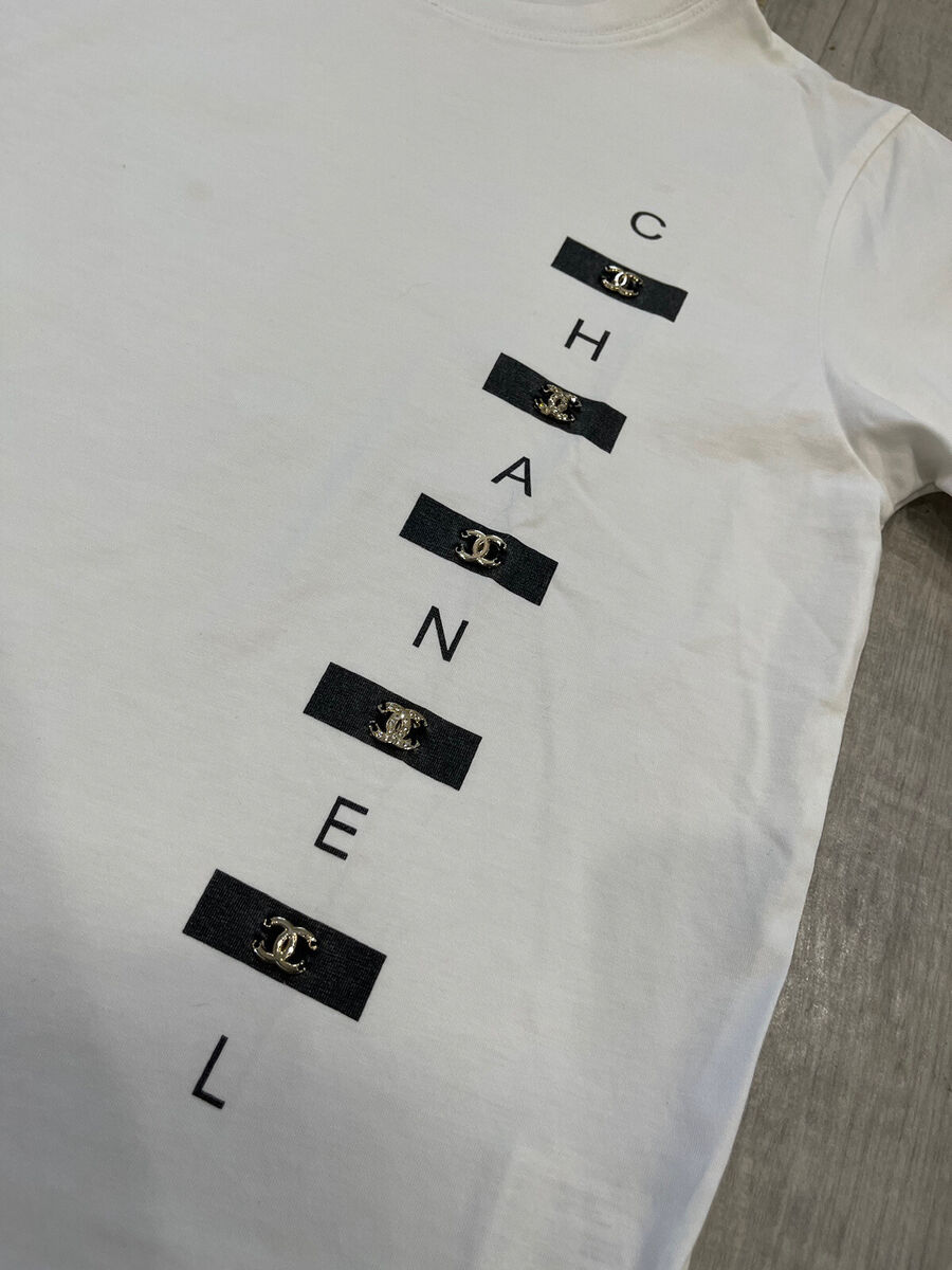 Chanel White T Shirt Size 36 With Rhinestones CC logo | eBay Chanel White T Shirt Size 36 With Rhinestones CC logo | eBay