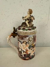 Antique Italian Capodimonte Porcelain Stein w/ Bacchus & Nude Women Decoration