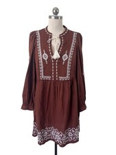 Old Navy Smock Dress Womens Small NWT Brown Long Sleeve Embroidered Boho Indie