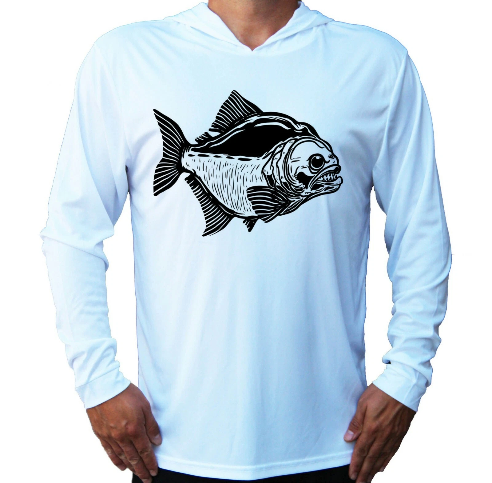 Piranha Angry Fish Fishing Sun UV Protected UPF 50 Long Sleeve T-Shirt Hood Boat