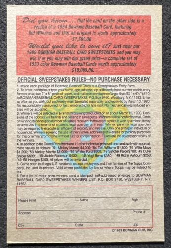 1989 BOWMAN SWEEPSTAKES CARD 1954 TED WILLIAMS REPRINT NM/MT - Picture 2 of 2