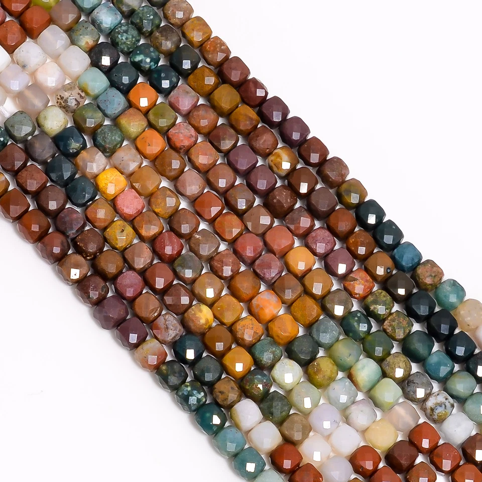 Cuentas facetadas con forma de caja de piedras preciosas de jaspe cuadro natural 4x4 mm hilo 8" EB-531 Foto 2 de 2