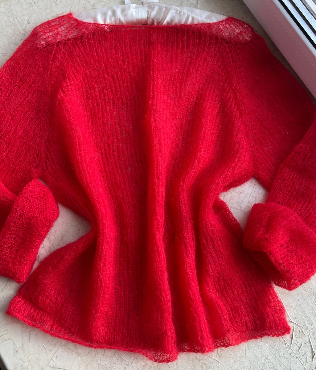 Handmade Women Red Mohair Oversized Sweater Minimalistic Thin Knit