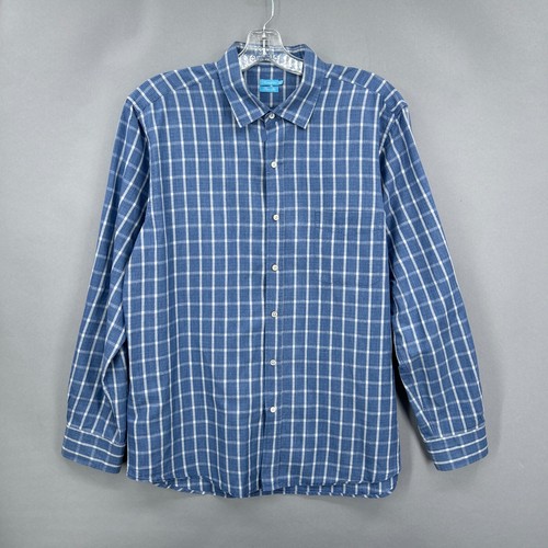J McLaughlin Shirt Mens XL Trim Fit Button Up Linen Blend Blue Windowpane Preppy - Picture 7 of 12