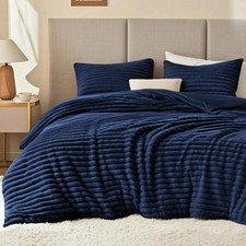 Fluffy Comforter Set Full Size - Super Soft Faux Fur Stripe Jacquard Comforte...
