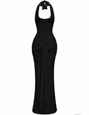 Babyboo Black Halter Ruched Backless Tie Front Maxi Dress, Women’s Size Large