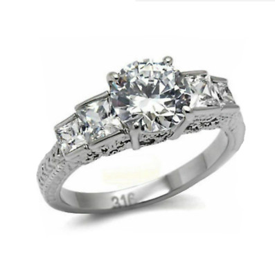 8mm CZ Ring Round w Square 5 Stone Anniversary Stainless Steel Size 5 7 9 10
