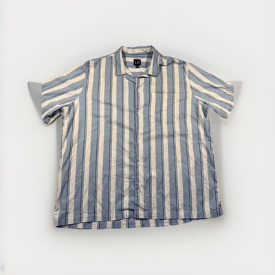 GAP-Men s Linen Blend Camp Shirt Striped Short Sleeve Button Up Summer Sz XXL