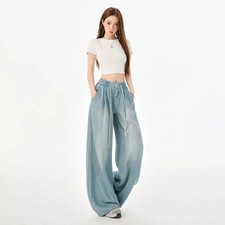 Pantaloni Jeans Denim Larghi A Zampa Vita Alta Effetto Slouchy Estivo CF46730