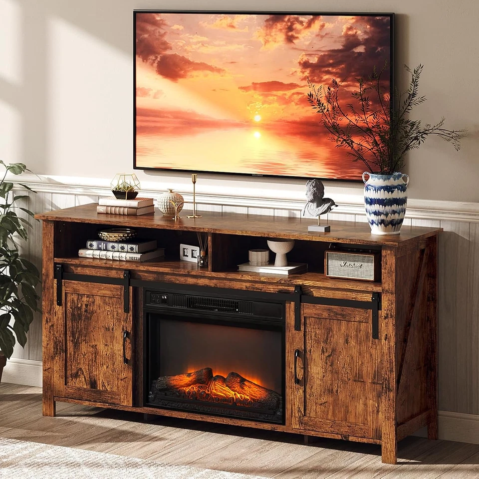 Electric Fireplace TV Stand for 70 Inch TVs, Farmhouse Console Table with Doors - Image 3 of 4