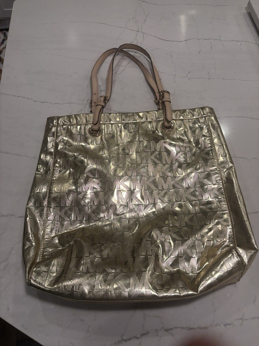Michael Kors Mirror Tote Bag Metallic Gold MK Logo Satchel
