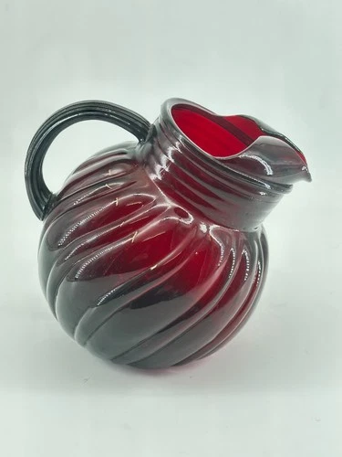 Vintage Anchor Hocking Royal Ruby Red Ribbed Swirled Glass Tilted Ball Pitcher
