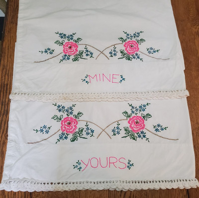 Vintage Set 2 Pillowcases Yours & Mine Painted Cotton Pink Floral JP Stevens
