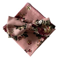 Men Linen Cotton Pink Floral Pre-Tied Bow Tie Pocket Square Wedding Bowtie Set