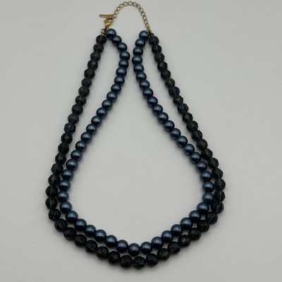 Premier Designs Navy Glass Bead Faux Pearl Double Strand Necklace 19 